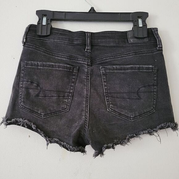 American Eagle Hi-Rise Shortie Black Distressed Shorts Raw Hem 4 - Picture 4 of 7